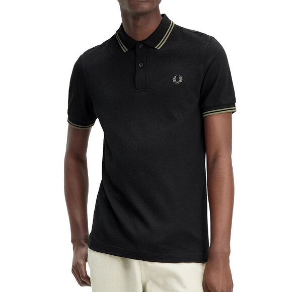 Fred Perry Men's Short Sleeve M3600 Twin Tipped Polo Shirt Black Laural Green - Picture 1 of 7